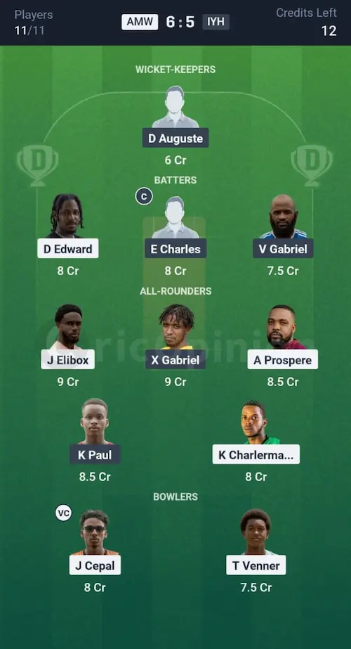 AMW vs IYH Dream11 Prediction Grand League Team