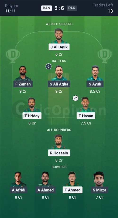 BAN vs PAK Dream11 Prediction Grand League Team