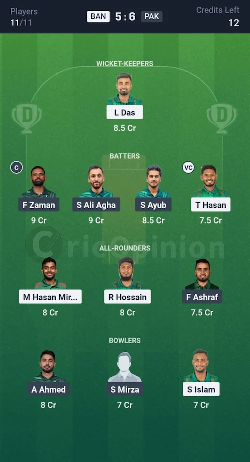 BAN vs PAK Dream11 Prediction Grand League Team