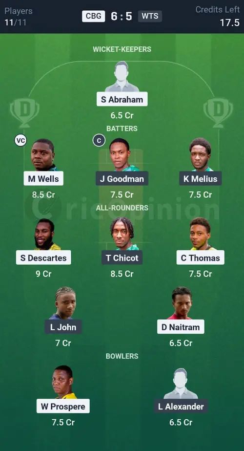 CBG vs WTS Dream11 Prediction Small League Team