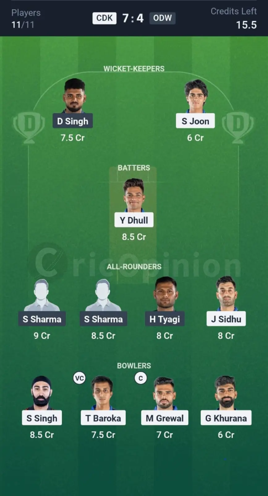 CDK vs ODW Dream11 Prediction Grand League Team