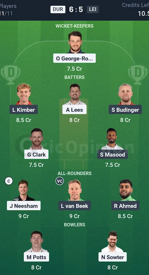 DUR vs LEI Dream11 Prediction Mega League Team