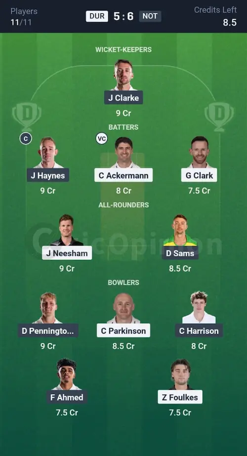 DUR vs NOT Dream11 Prediction Grand League Team
