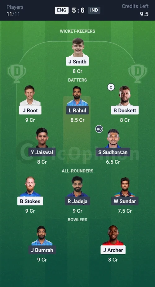 ENG vs IND Dream11 Prediction Grand League Team