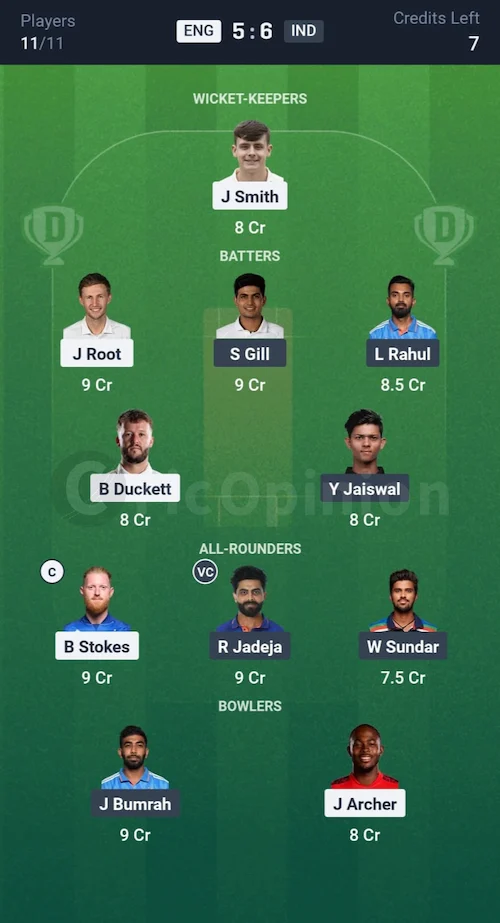 ENG vs IND Dream11 Prediction Small League Team