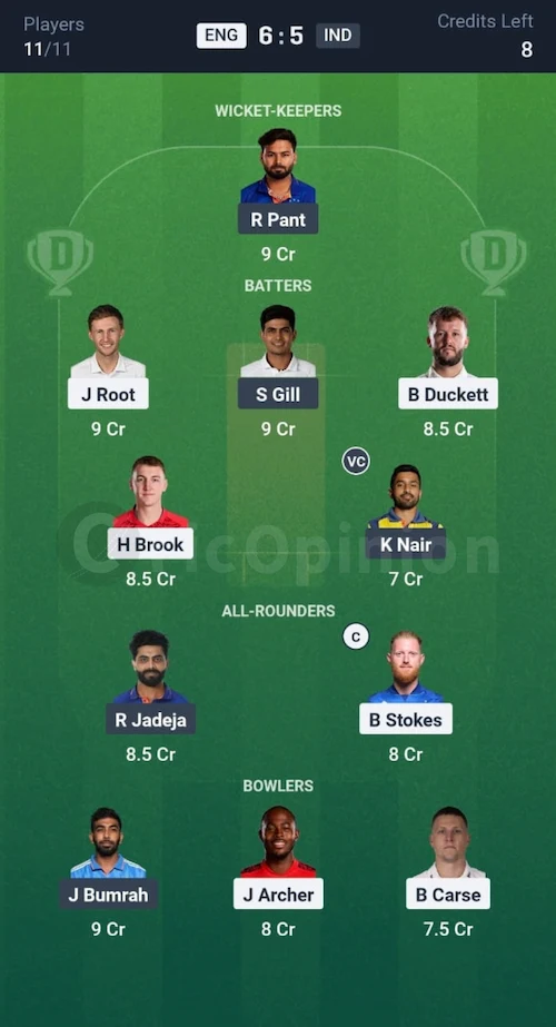 ENG vs IND Dream11 Prediction Grand League Team