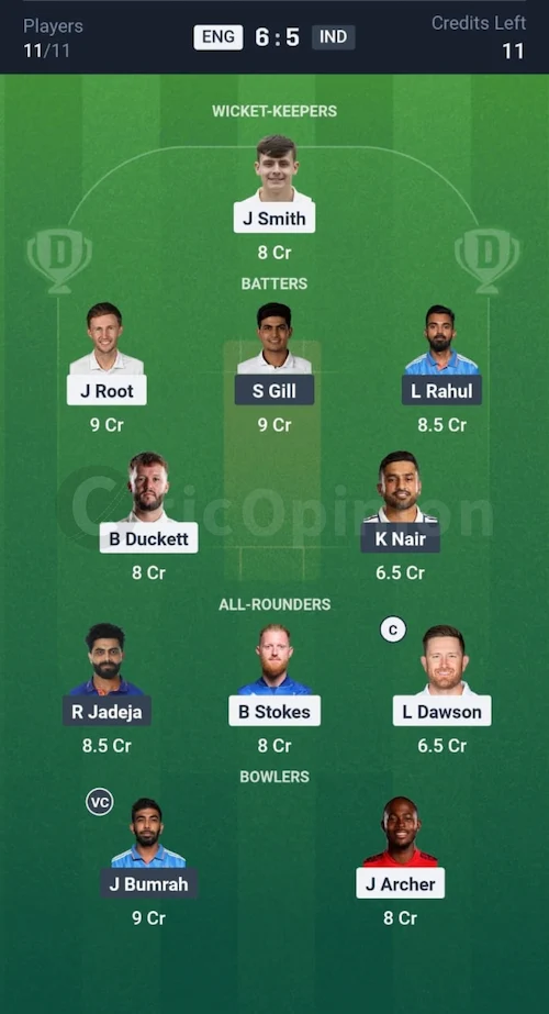 ENG vs IND Dream11 Prediction Grand League Team