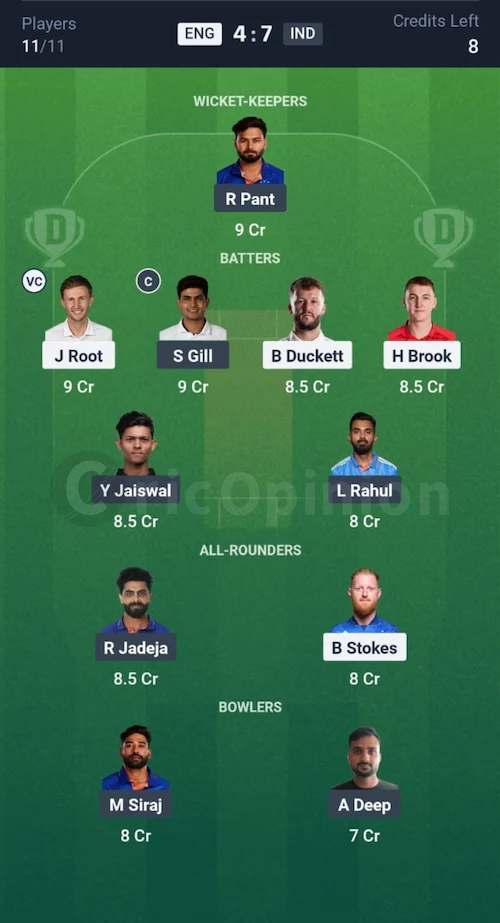 ENG vs IND Dream11 Prediction Small League Team