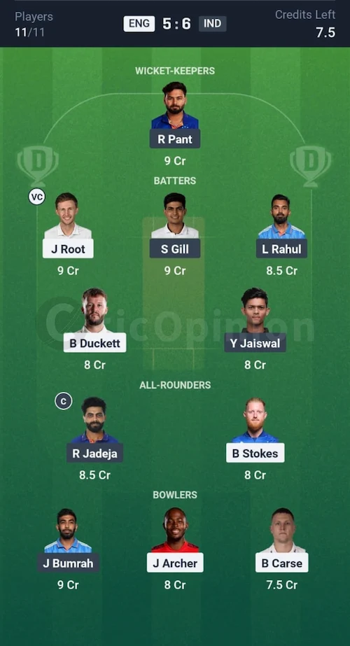 ENG vs IND Dream11 Prediction Small League Team