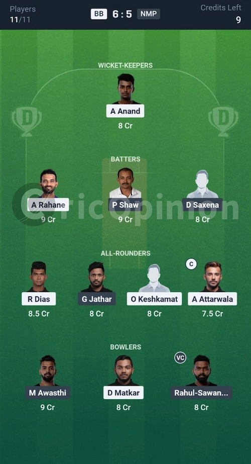 BB vs NMP Dream11 Prediction Grand League Team