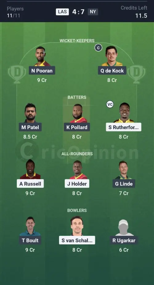 LAS vs NY Dream11 Prediction Grand League Team