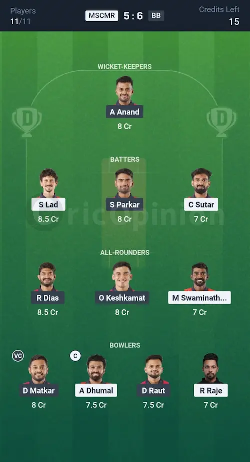 MSCMR vs BB Dream11 Prediction Grand League Team