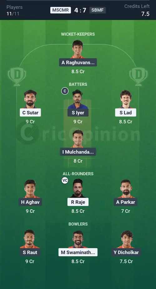 MSCMR vs SBMF Dream11 Prediction Grand League Team