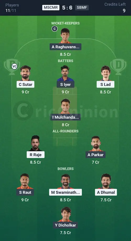 MSCMR vs SBMF Dream11 Prediction Small League Team
