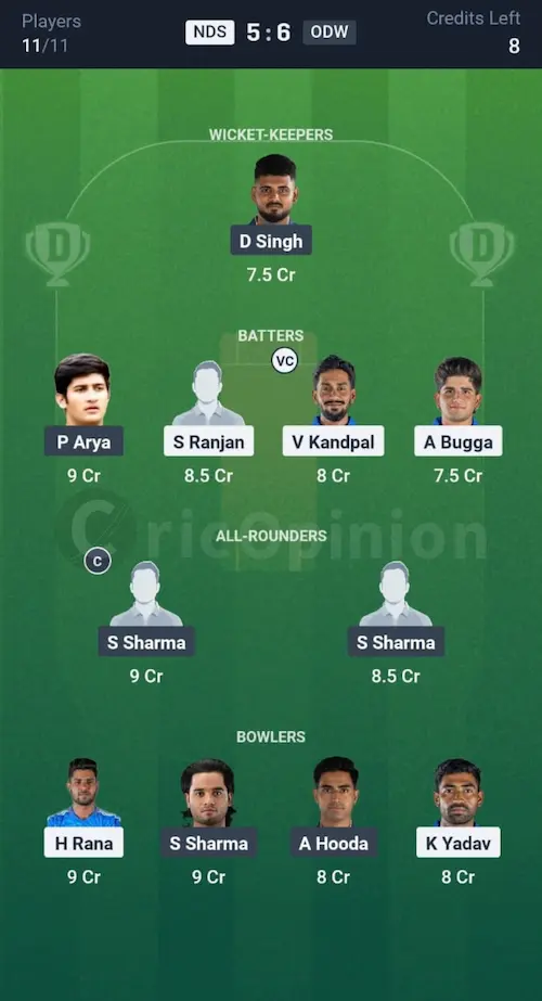NDS vs ODW Dream11 Prediction Grand League Team