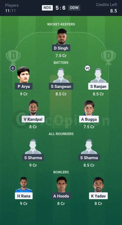 NDS vs ODW Dream11 Prediction Small League Team