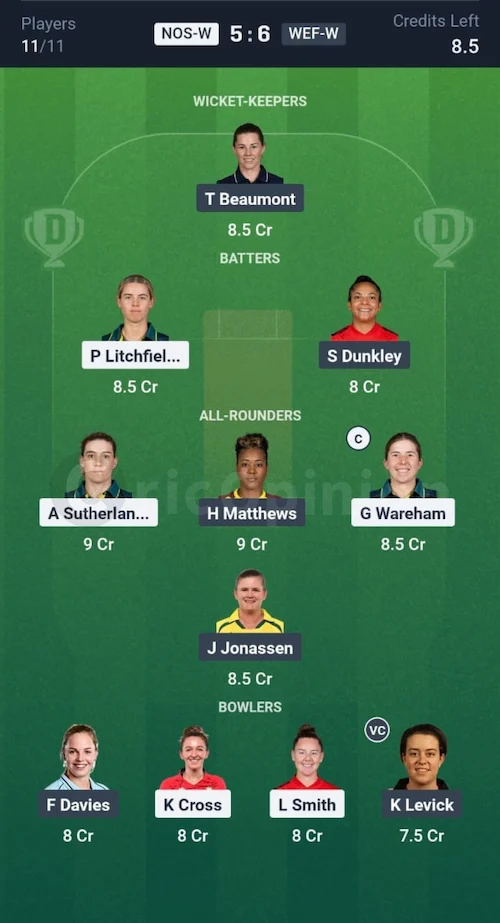 NOS W vs WEF W Dream11 Prediction Grand League Team