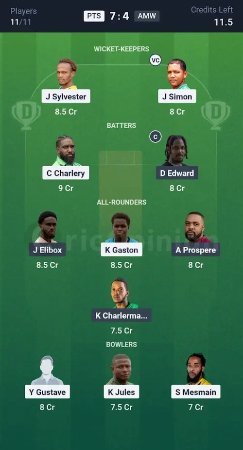 PTS vs AMW Dream11 Prediction Grand League Team