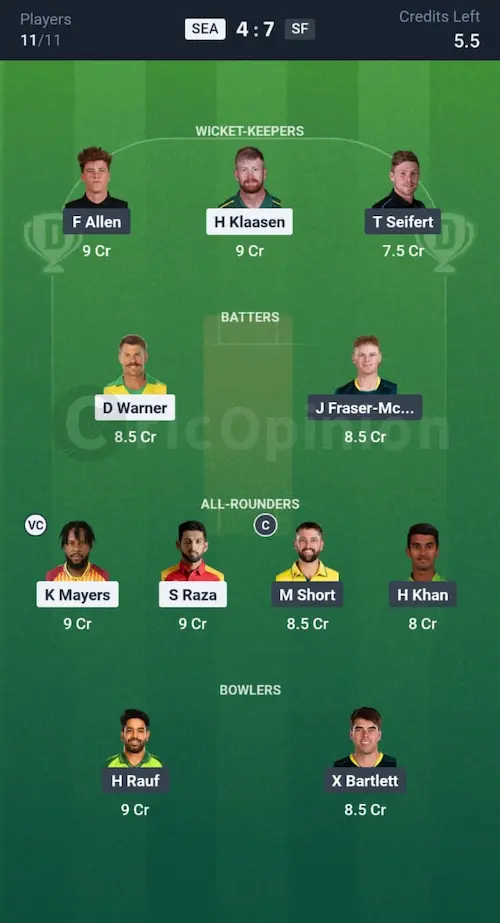 SEA vs SF Dream11 Prediction Small League Team