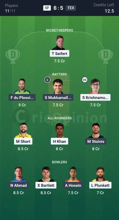 SF vs TEX Dream11 Prediction Grand League Team