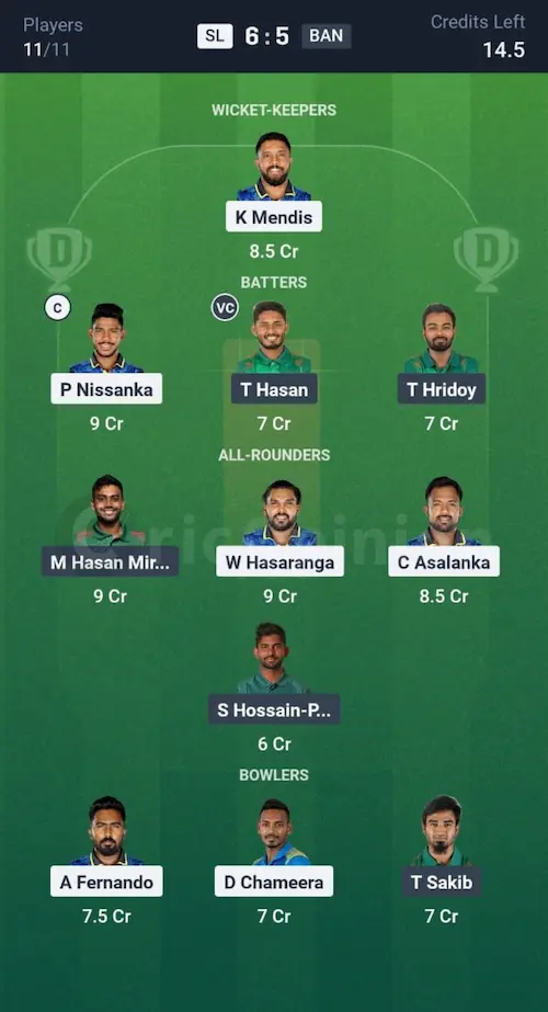 SL vs BAN Dream11 Prediction Grand League Team