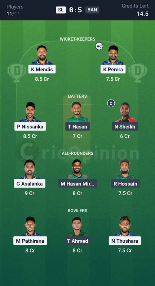 SL vs BAN Dream11 Prediction Grand League Team