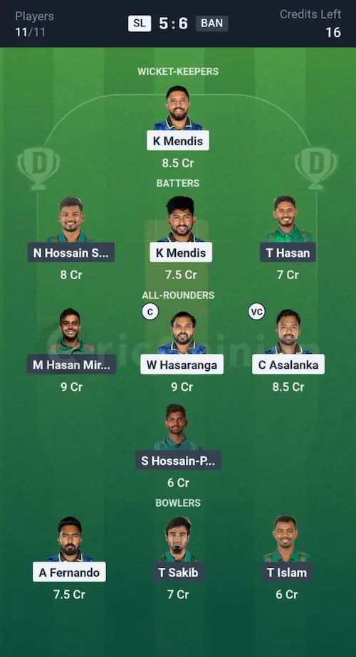 SL vs BAN Dream11 Prediction Small League Team