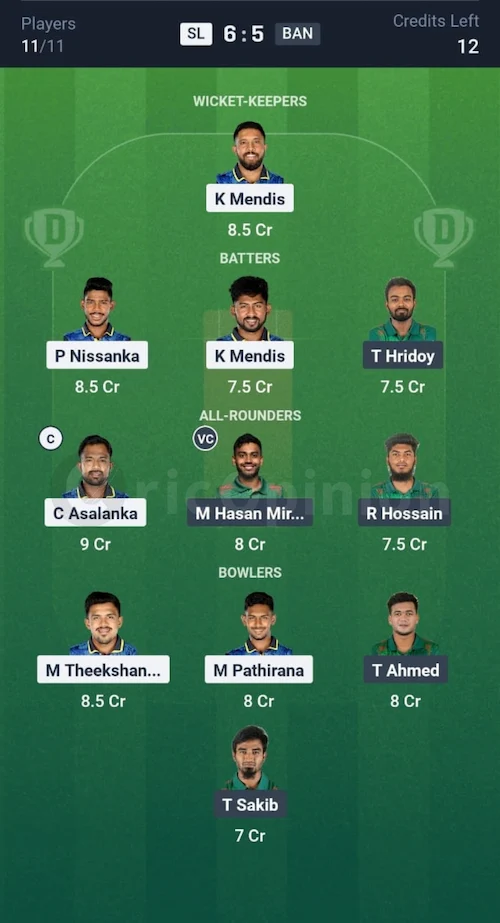 SL vs BAN Dream11 Prediction Small League Team