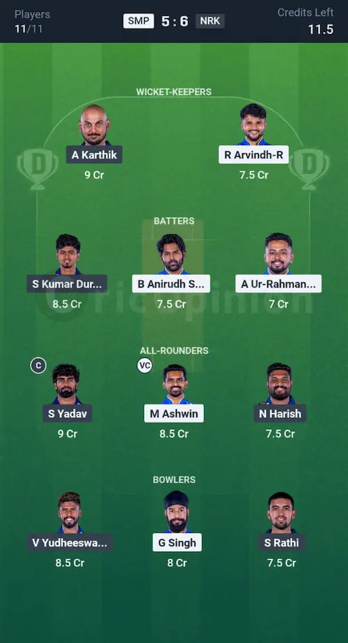SMP vs NRK Dream11 Prediction Small League Team