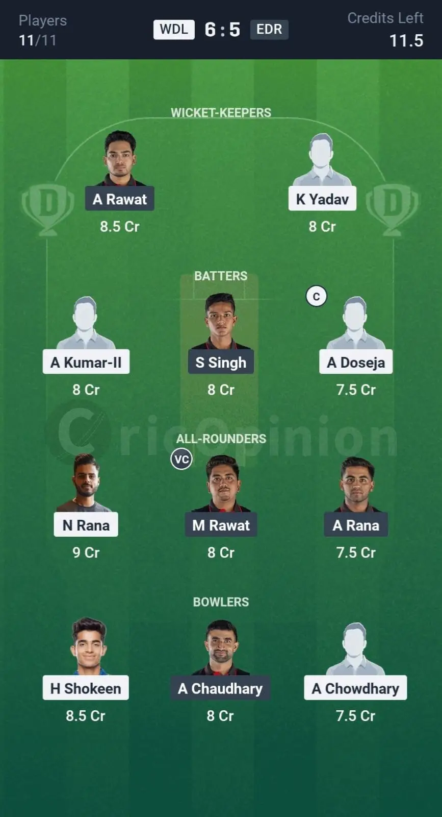 WDL vs EDR Dream11 Prediction Grand League Team