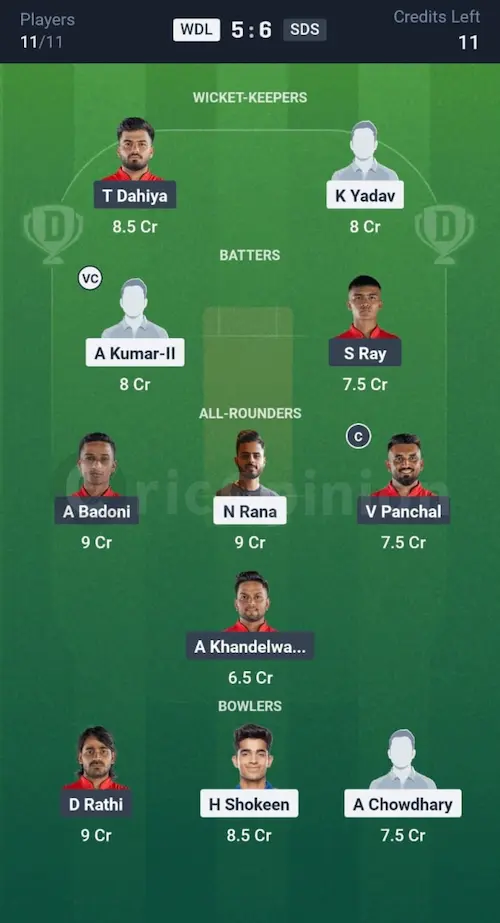 WDL vs SDS Dream11 Prediction Grand League Team
