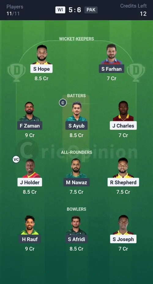 WI vs PAK Dream11 Prediction Small League Team