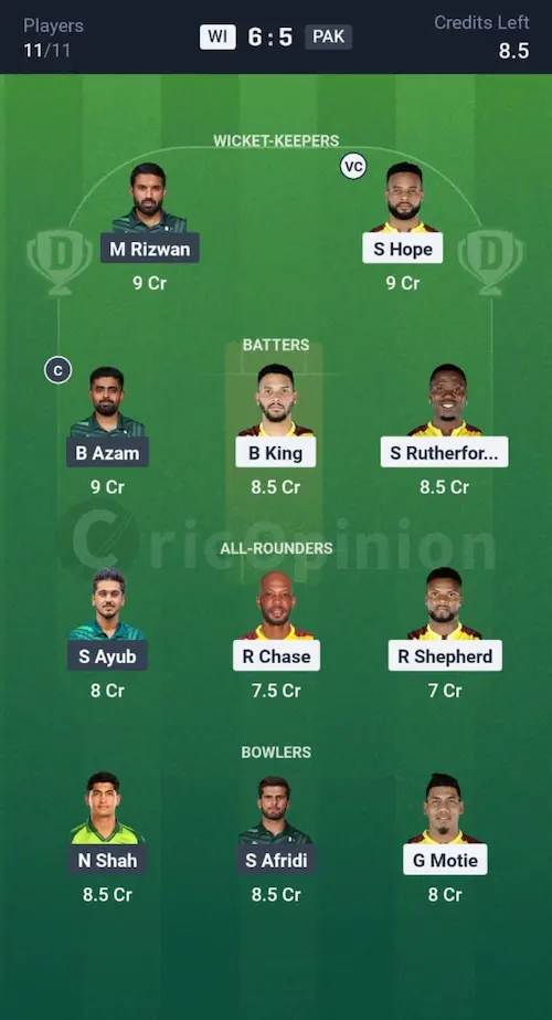 WI vs PAK Dream11 Prediction Small League Team