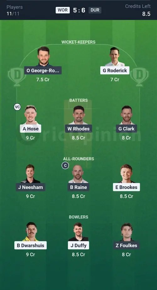 WOR vs DUR Dream11 Prediction Small League Team