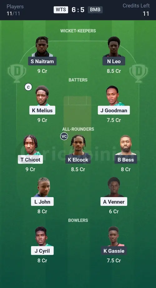 WTS vs BMB Dream11 Prediction Small League Team