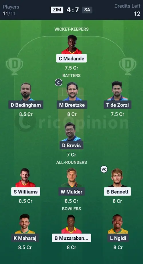 ZIM vs SA Dream11 Prediction Grand League Team