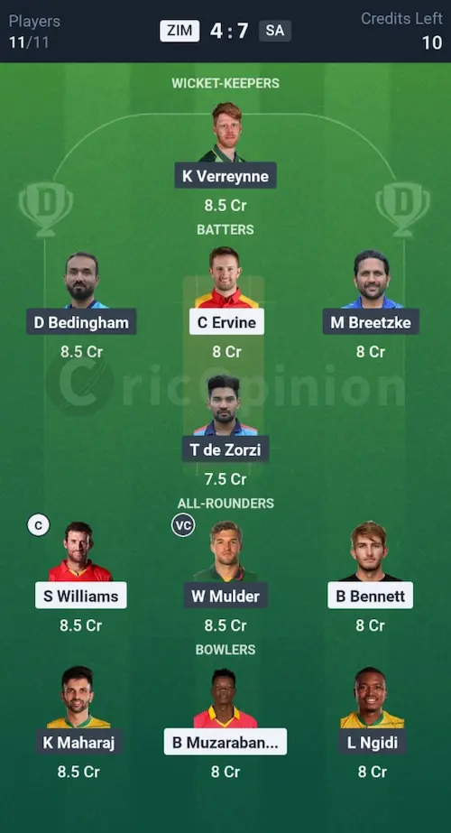 ZIM vs SA Dream11 Prediction Small League Team