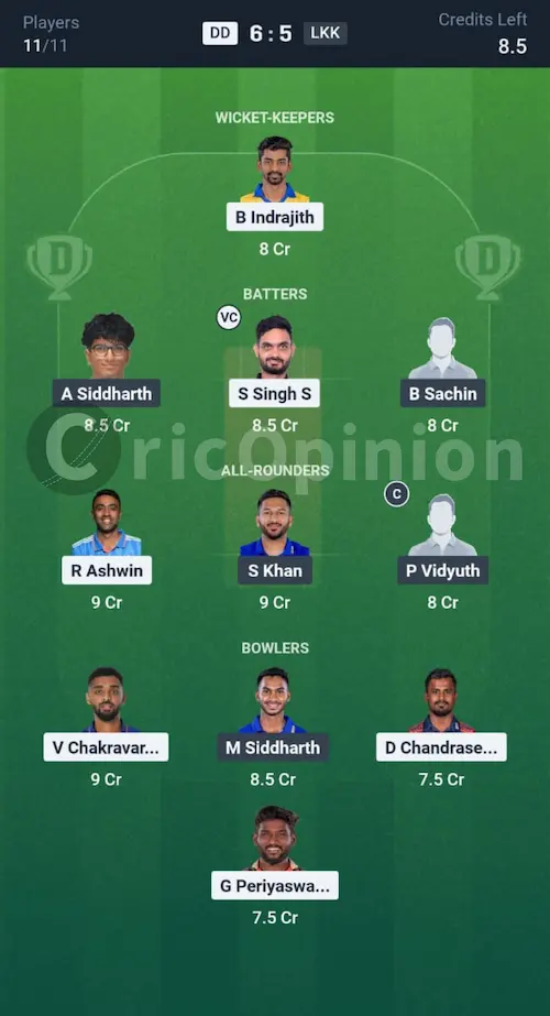 DD vs LKK Dream11 Prediction Grand League Team