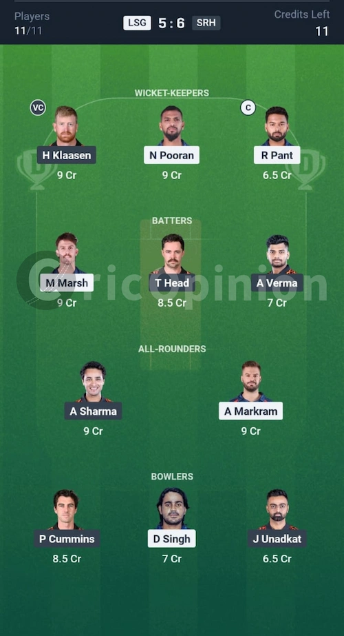 LSG vs SRH Dream11 Prediction Mega League Team