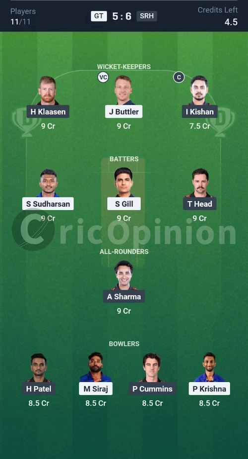 GT vs SRH Dream11 Prediction Mega League Team