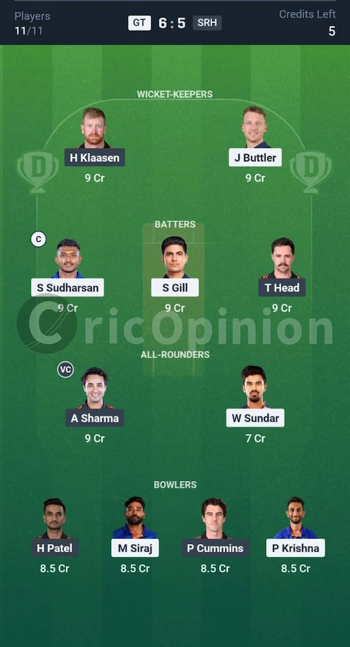 GT vs SRH Dream11 Prediction Head to Head Team