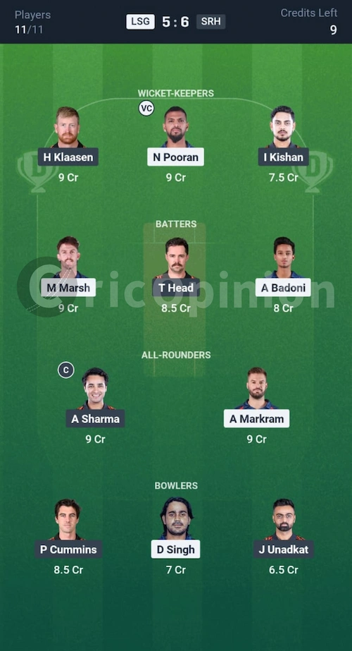 LSG vs SRH Dream11 Prediction Head-to-Head Team